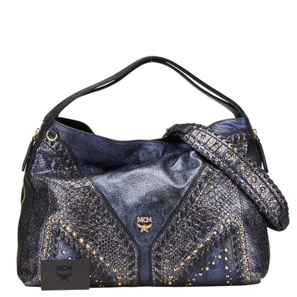 Mcm Handbag Studs Leather Python Bag Shoulder Bla… - image 1